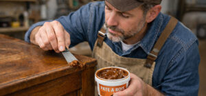 menuisier applique de la pâte à bois sur un meuble pour le rénover et boucher le trou