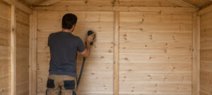 poncer le mur en bois du cabanon avant l'application de la lasure
