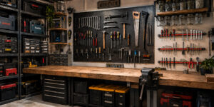 atelier bien organisé avec des rangements adaptés au type d'outil
