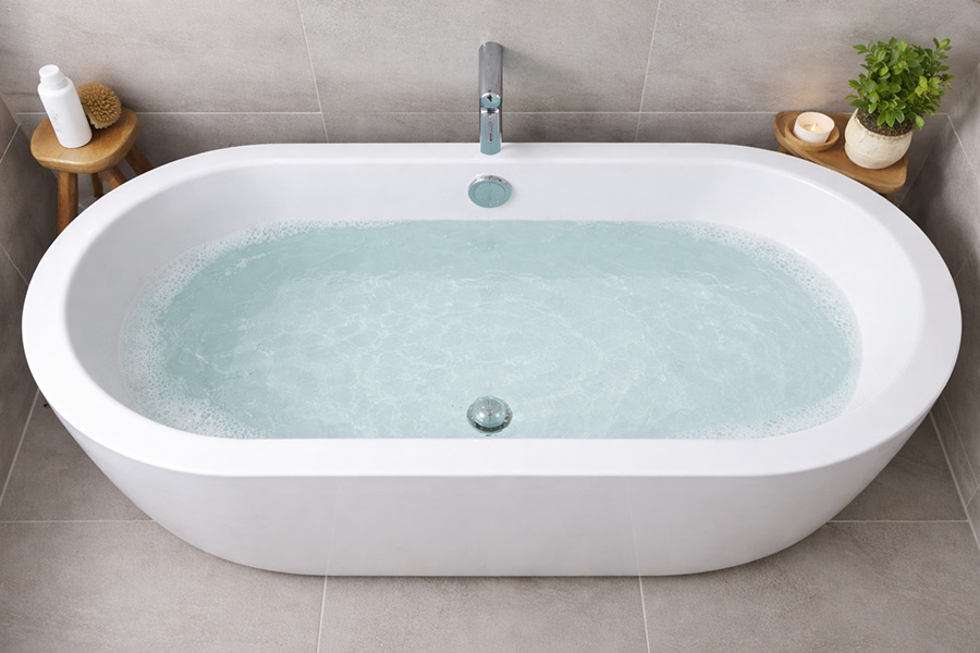 la baignoire est remplie d'eau savonneuse la bonde est ouverte mais l'eau ne s'écoule pas le bain est bouché