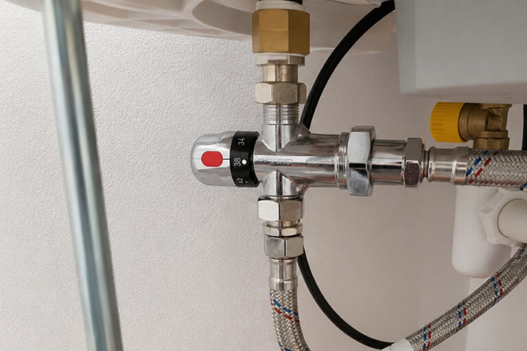 Mitigeur thermostatique gros plan sous le chauffe-eau