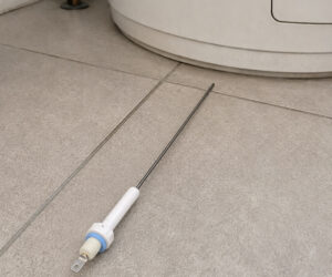 anode en titane posée sur le carrelage près du chauffe-eau